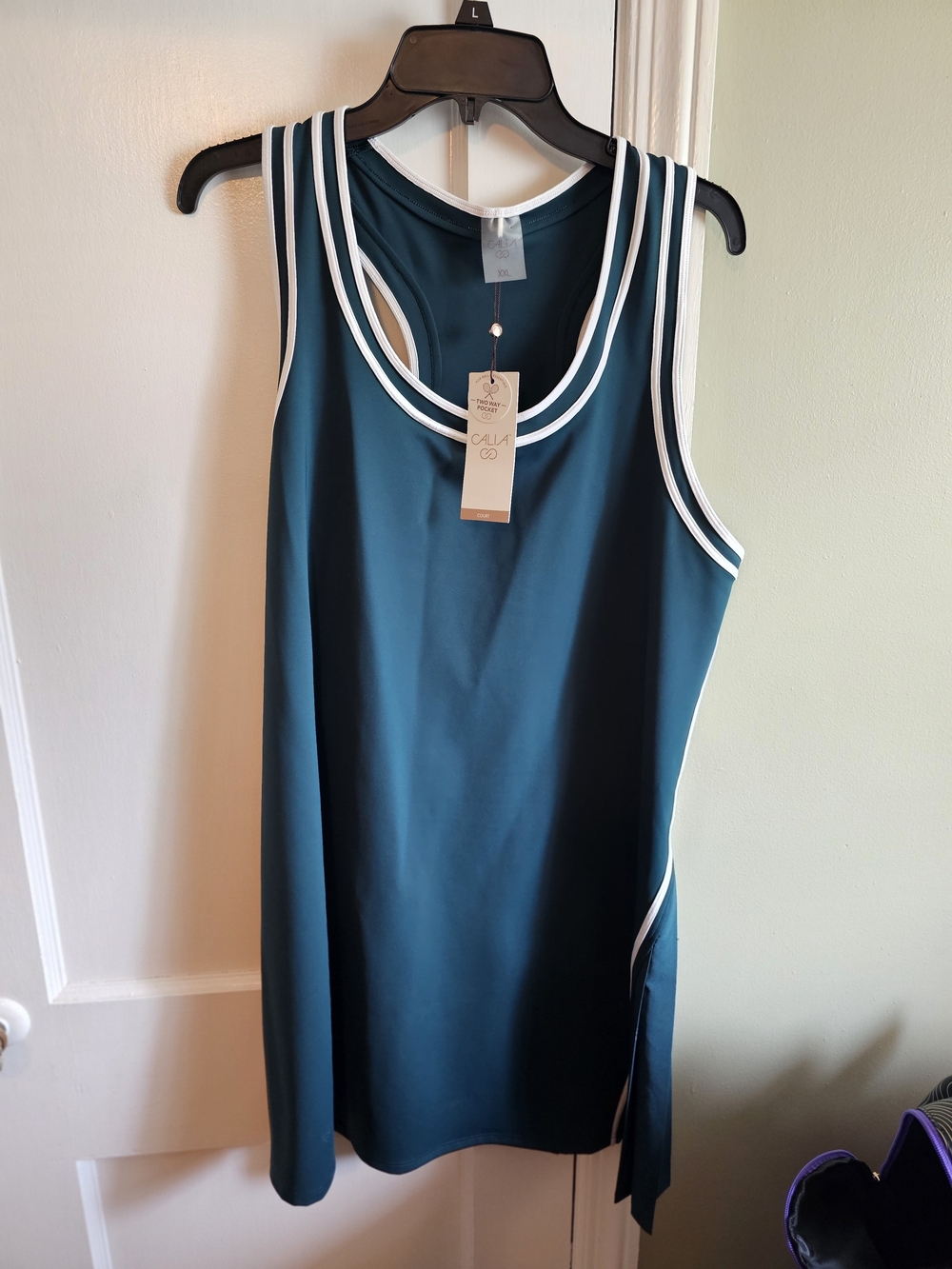 Teal Sleeveless Shift Dress with White Trim